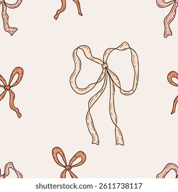Elegant ribbon coquette bow accessory seamless pattern in trendy mocha mousse colors. Aesthetic print for fabric, paper, textile. Hand drawn vector illustration.