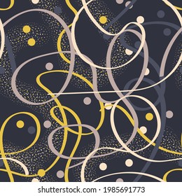 elegant ribbon seamless pattern. light swirling thin ribbons, circles and particles are randomly arranged on a dark background. vector