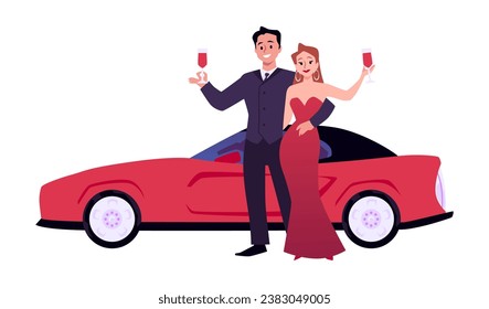 An elegant rich couple with wineglass near an expensive red sports car. Luxury lifestyle, royal status. Successful businessman with wife, celebrities flat vector illustration isolated on white