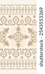 Elegant Rich Expensive Gold Silk Embroidery Design Opulence Work Pattern on Cream Background. Exquisitely Brocade Hand Craft Traditional Glamorous. Cross Buds Wine Curly Ornate Scroll Seamless Vector