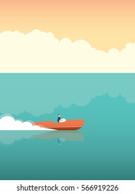 Elegant and rich man riding fast speedboat on the ocean. Vector concept for summer holiday or vacation. Eps10 vector illustration.