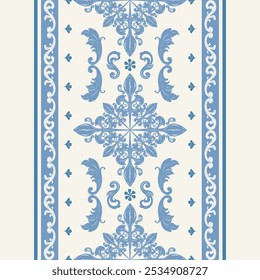 Elegante rico padrão azul e branco Porcelana Design Vetor. Stripe Border com Scroll Ornate História requintada da natureza deixa penas e flores florescendo. Linha de alta-costura de alta-luxo.