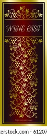 Elegant richly decorated wine list template on deep red background with bunches of grapes.
