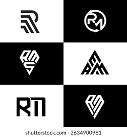 Elegant RM monogram logo collection featuring six modern, minimalist designs. Ideal for brand identity, corporate use, and professional logos in stylish black and white formats.