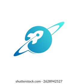 Elegant Rocket Orbiting Planet Ring Vector Logo