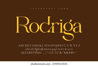 Eleganter Typografie-Vektor der Serie Rodriga mit luxuriösen, fließenden Buchstabenformen und einem kompletten Zeichensatz. Ideal für Branding, Modedesign, Verpackungen, redaktionelle Layouts und Premium-Kreativprojekte