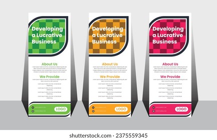 Elegant rollup banner template bundle.  3d, advertising, background, banner, brochure, business promotion signage standee vector layout.