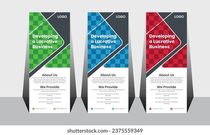 Elegantes Vorlagenpaket für Rollup-Banner.  3d, Werbung, Hintergrund, Banner, Broschüre, Werbung signage für Unternehmen Standard Vektorgrafik-Layout.