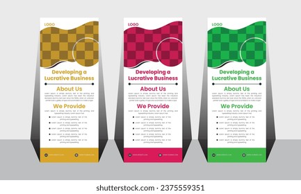 Elegant rollup banner template bundle.  3d, advertising, background, banner, brochure, business promotion signage standee vector layout.