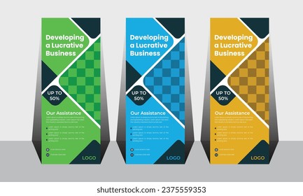 Elegant rollup banner template bundle.  3d, advertising, background, banner, brochure, business promotion signage standee vector layout.