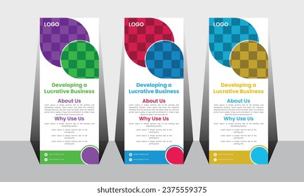 Elegant rollup banner template bundle.  3d, advertising, background, banner, brochure, business promotion signage standee vector layout.