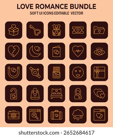 Elegant romance vector icons collection featuring hearts, gifts, and love themed symbols for Valentines days