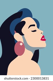 Elegant romantic brunette retro woman portrait fashion beauty pop art poster vector flat illustration. Trendy young female with red lips makeup and earrings minimal silhouette t shirt print color card