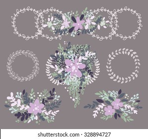 The elegant and romantic collection with floral elements and laurels for weddings, greeting cards and other design decorations. 
