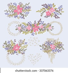 The elegant and romantic collection with floral elements and laurels for weddings, greeting cards and other design decorations. 
