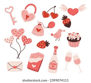 Elegant Romantic Collection for Valentines Day. Cupcake, Heart-shaped Balloons, Champagne and Wineglasses. Envelope, strawberry, Chocolate Bar and Bird Convey Love Romance. Cartoon Vector Illustration