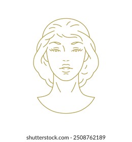 Elegante romântico feminino jovem modelo face mínima linha de ouro ícone ilustração vetor. Logotipo de insígnia premium do retrato da mulher bonita para o bem-estar do spa marca de produto cosmético da pele
