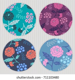 Elegant romantic floral blossom pattern patches set, round elements for scrapbooking, design etc. Vector illustration