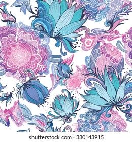 Elegant Romantic Vector Floral Pattern | Seamless texture in blue, pink, purple and turquoise colors with lotus, lily and peony flowers