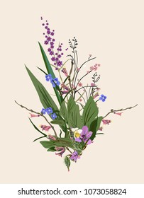 Elegant, romantic vegetable bouquet of small field and garden flowers and herbs. Vector. It can be used for stylish greeting cards, packages, textiles, t-shirts, tiles. Print on a pink background.