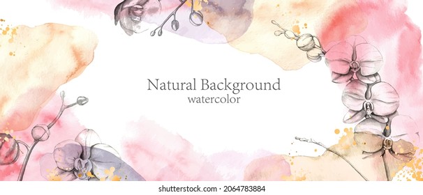 Elegant, romantic watercolor background with hand painted white orchids. Colorful watercolor blot, wash, ink imitation.