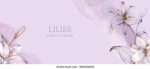 Elegant, romantic watercolor background with hand painted lilies. Colorful watercolor blot, wash, ink imitation. 