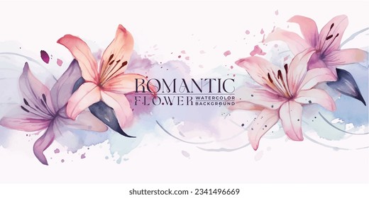 Elegant, romantic watercolor background with hand painted lilies. Colorful watercolor blot, wash, ink imitation.