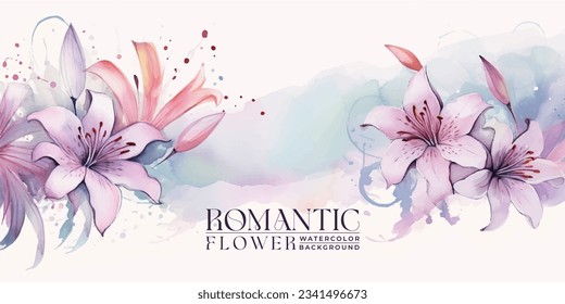 Elegant, romantic watercolor background with hand painted lilies. Colorful watercolor blot, wash, ink imitation.