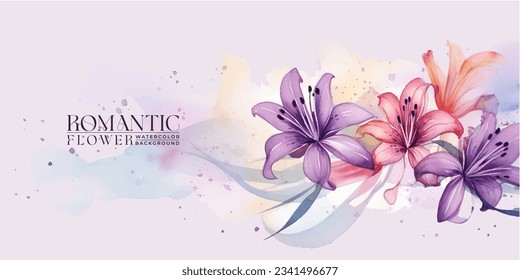 Elegant, romantic watercolor background with hand painted lilies. Colorful watercolor blot, wash, ink imitation.