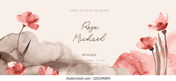 Elegant, romantic wedding card, cover, invitation with shades of pink, brown. Watercolor  abstract flowers, background. Autumn concept.