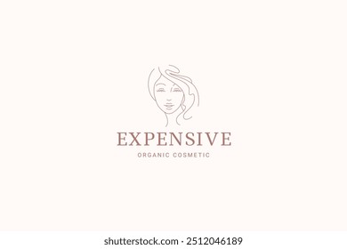 Elegant romantic woman face hair minimalist line art logo design template vector illustration. Beauty female portrait linear logotype for coiffure hairdresser fashion stylist cosmetic cosmetology