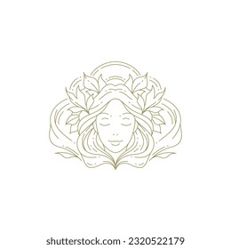 Elegant romantic woman portrait with flower hairstyle minimal line beauty logo for hairdresser stylist vector illustration. Glamour female face with floral hairdo icon for hair skin care cosmetology