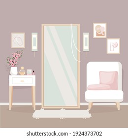 Elegant room interior with large floor mirror, armchair, pillows, dressing table, vase of flowers, paintings and carpet. Vector illustration in flat style