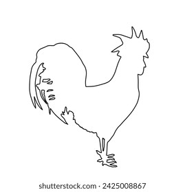 Elegant rooster vector line contour silhouette illustration isolated on black background. Male chicken organic food. Farm chantry cock. Organic food symbol.
