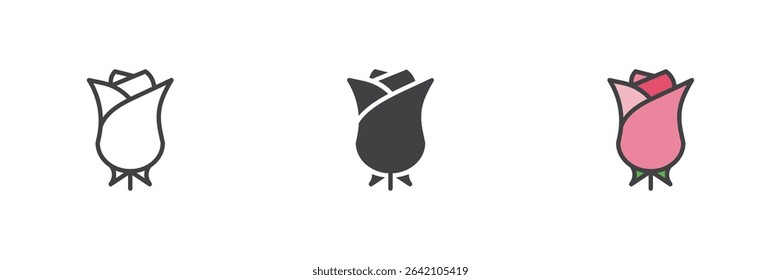Elegant rose bloom in line, filled outline and solid icon style. Vector flower icon set with petal and stem symbol in three distinct visual styles.