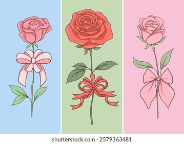 Elegant Rose Bouquet Illustrations, roses tied with ribbons, perfect for greeting cards and floral themed designs