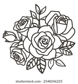 Elegante contorno de ramo de rosas, elemento de diseño floral minimalista. Ilustración vectorial en blanco y negro.
