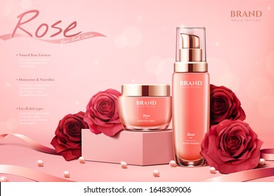 Elegant Rose Cosmetic Ads With Ribbons And Pearls On Glitter Pink Background In 3d Illustration