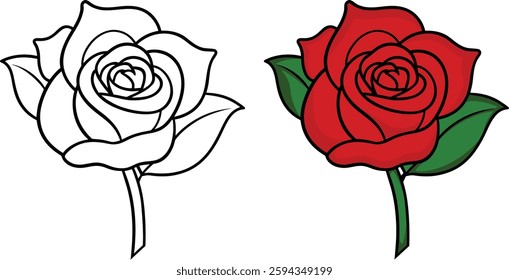 Elegant Rose Drawing with Outline and Colored Version. Perfect for Coloring book, Tattoo, Art, and Digital Use.