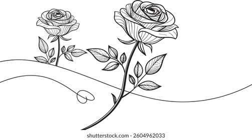 Elegant Rose Floral Border Line Art – Pink Accent Decorative Vector Divider for Wedding and Invitations