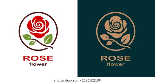 Elegant rose flower logo design featuring a red rose with green leaves. Perfect for floral shops, beauty products, wedding invitations, or any brand looking to convey elegance, love, and nature