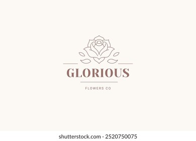 Elegant rose flower minimalist line art logo design template for beauty salon vector illustration. Natural floral blossom botanical florist garden linear logotype for skin care cosmetic brand