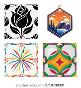 Elegante Padrão de Silhueta de Flor Rosa, Selo de Aventura de Paisagem de Montanha, e Colagem de Design Abstrato Geométrico Colorido Vibrante