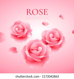 Elegant rose flowers set with flying petals in 3d illustration