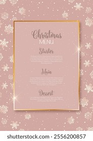 Elegant rose gold Christmas menu design with a golden snowflakes design 