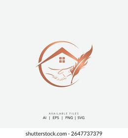 Elegante Rose Gold Real Estate e Logotipo de Serviços Legais, Casa Sofisticada, Handshake e Logotipo de Pena