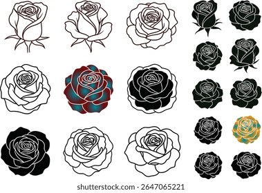 Elegante Rose Illustrations Uma variedade de estilos e cores mostrando a beleza intemporal de rosas em preto e branco e gradientes perfeitos para projetos artísticos e decorativos