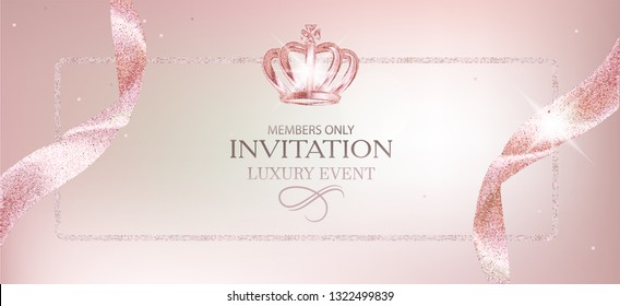 Elegant rose invitation card with beautiful ribbons. Vector illustration