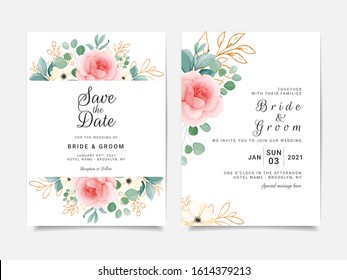 Elegant rose and leaves wedding invitation card template design. Flowers border with outlined floral illustration