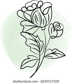 Elegant rose line art drawing with a light green watercolor background.
